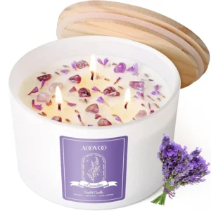 Lavender Scented Soy Candles with Crystals - 20oz 3 Wick Aromatherapy Gifts for Home Relaxation